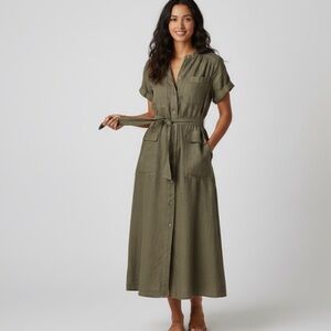 Wrap London Linen Belted Utility Midi Shirt Dress Olive Green with Pockets